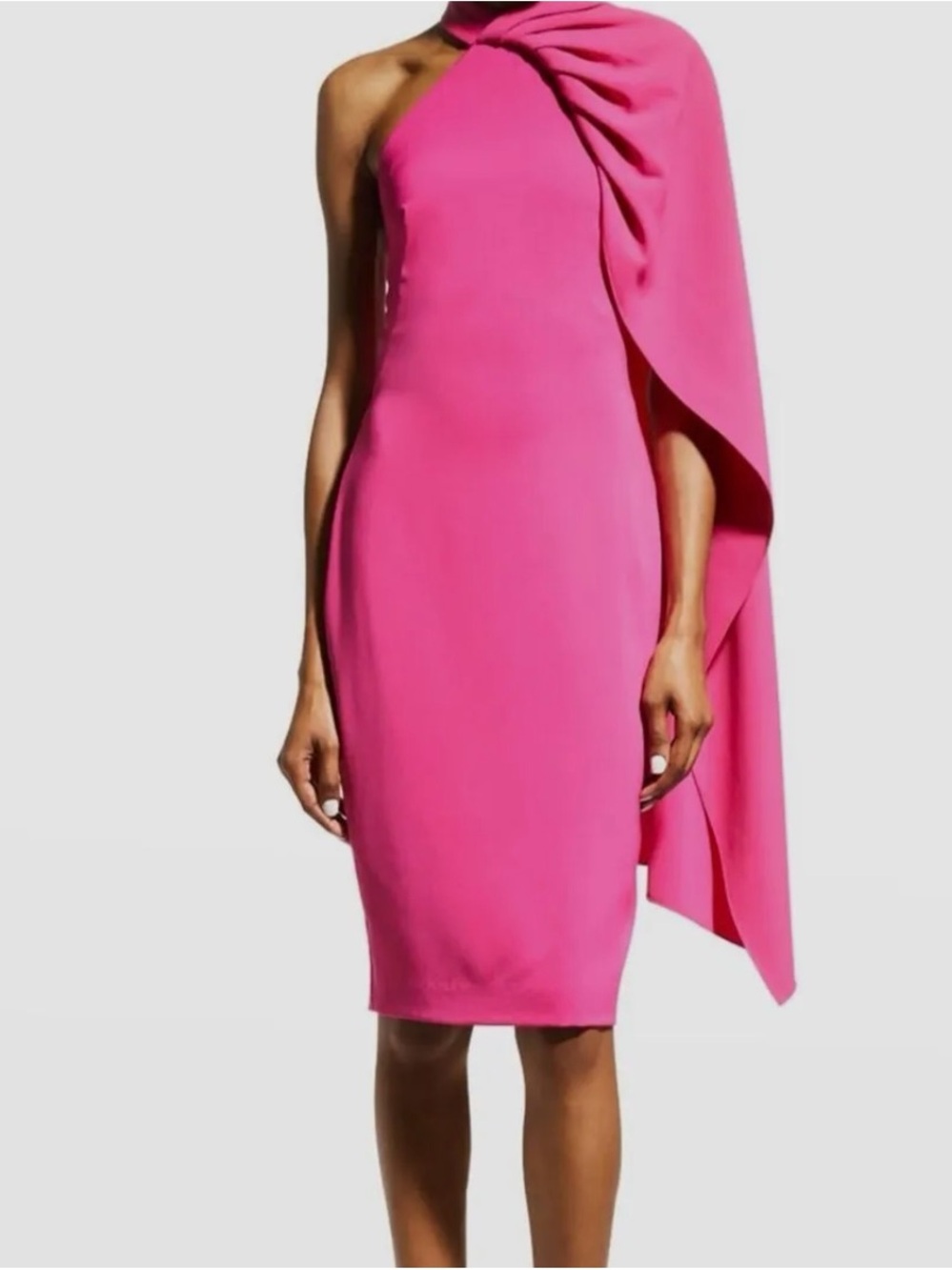 One-Shoulder Fuchsia Sheath Dress with Draped Cape